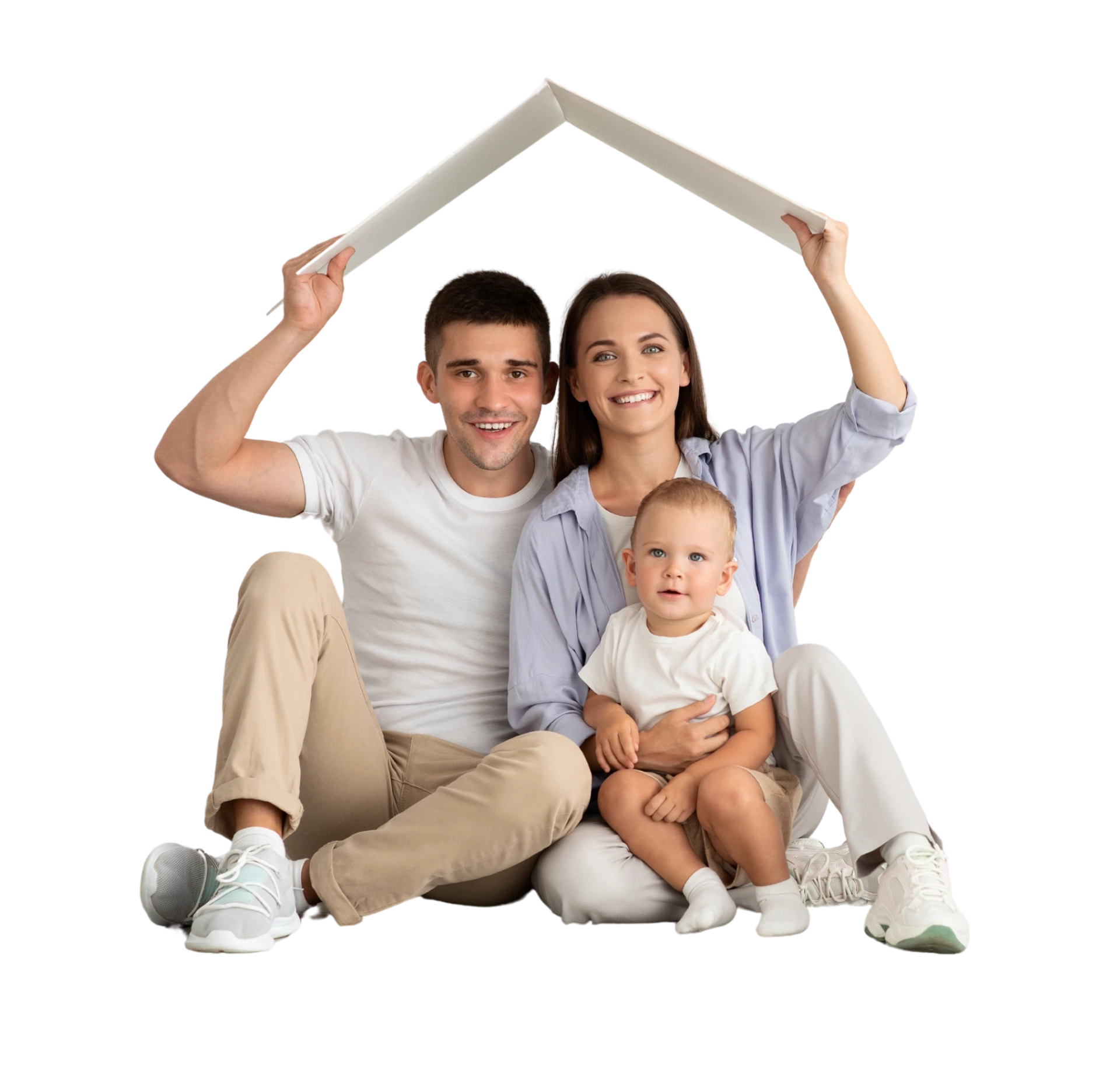 Family under paper roof